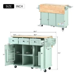 Mint Green Kitchen Cart With Rubber Wood Drop-Leaf Countertop, 3 Drawers, Cabinet Storage And 5 Wheels -FURITURE SALE SHOP mint green tahanbath kitchen carts z wf298028aae 76 1000