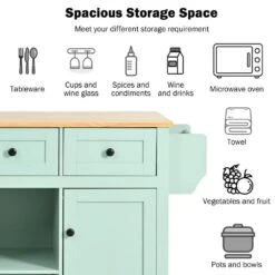 Mint Green Kitchen Cart With Rubber Wood Drop-Leaf Countertop, 3 Drawers, Cabinet Storage And 5 Wheels -FURITURE SALE SHOP mint green tahanbath kitchen carts z wf298028aae 77 1000