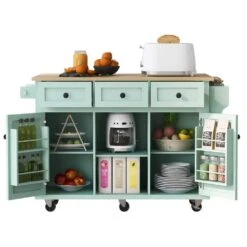 Mint Green Kitchen Cart With Rubber Wood Drop-Leaf Countertop, 3 Drawers, Cabinet Storage And 5 Wheels -FURITURE SALE SHOP mint green tahanbath kitchen carts z wf298028aae c3 1000
