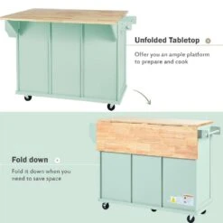 Mint Green Kitchen Cart With Rubber Wood Drop-Leaf Countertop, 3 Drawers, Cabinet Storage And 5 Wheels -FURITURE SALE SHOP mint green tahanbath kitchen carts z wf298028aae d4 1000