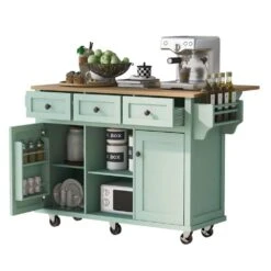 Mint Green Kitchen Cart With Rubber Wood Drop-Leaf Countertop, 3 Drawers, Cabinet Storage And 5 Wheels -FURITURE SALE SHOP mint green tahanbath kitchen carts z wf298028aae fa 1000