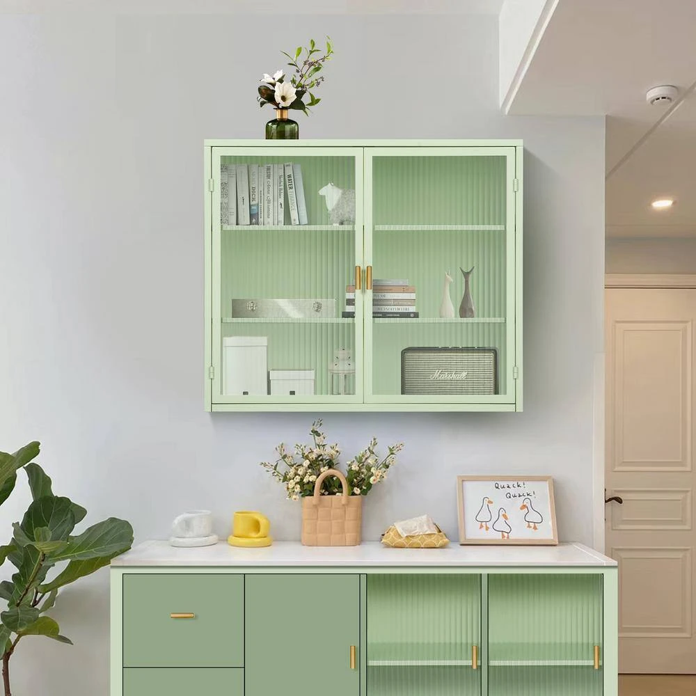 Modern Mint Green 3-Tier 2-Door Wall Cabinet With Glass Doors, 27.56 In. Ideal For Multiple Rooms 9 Modern Mint Green 3-Tier 2-Door Wall Cabinet With Glass Doors, 27.56 In. Ideal For Multiple Rooms - Image 9
