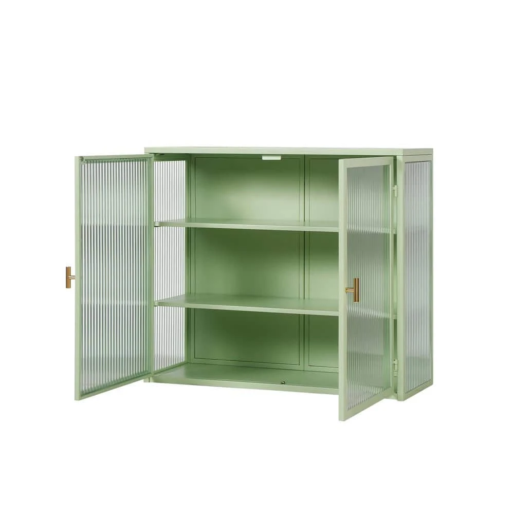Modern Mint Green 3-Tier 2-Door Wall Cabinet With Glass Doors, 27.56 In. Ideal For Multiple Rooms 2 Modern Mint Green 3-Tier 2-Door Wall Cabinet With Glass Doors, 27.56 In. Ideal For Multiple Rooms - Image 2