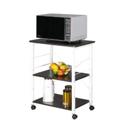3-Tier White P2 MDF Microwave Cart With Black Board Top And Wheel
