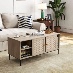 Veneer Weaving Coffee Table: 4-Sliding Doors, Rectangular Wooden Storage Cabinet In Natural 15 Veneer Weaving Coffee Table: 4-Sliding Doors, Rectangular Wooden Storage Cabinet In Natural -FURITURE SALE SHOP natural tahanbath pantry organizers z w1778139246 4f 1000