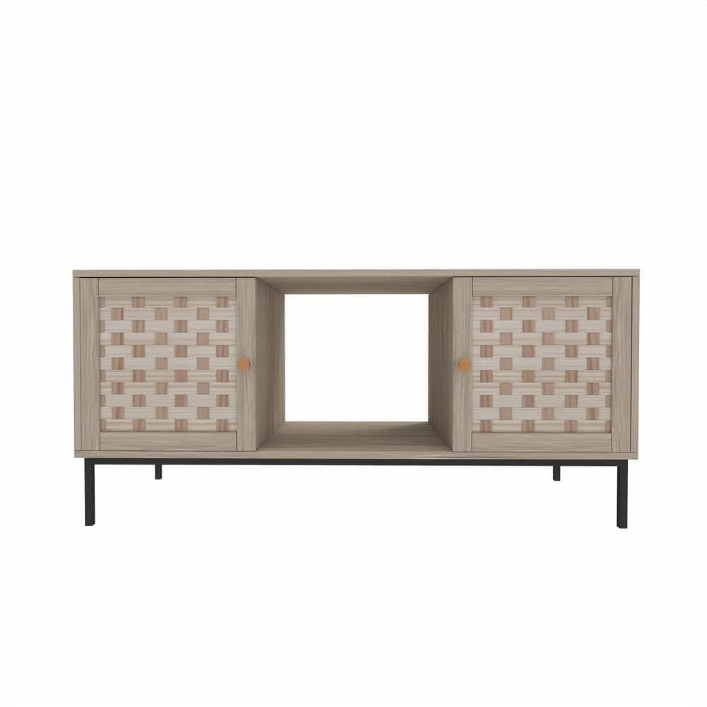 Veneer Weaving Coffee Table: 4-Sliding Doors, Rectangular Wooden Storage Cabinet In Natural 1 Veneer Weaving Coffee Table: 4-Sliding Doors, Rectangular Wooden Storage Cabinet In Natural