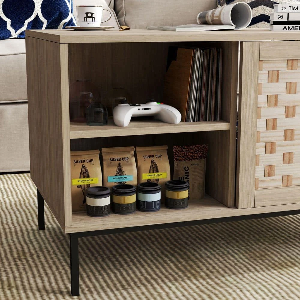 Veneer Weaving Coffee Table: 4-Sliding Doors, Rectangular Wooden Storage Cabinet In Natural 4 Veneer Weaving Coffee Table: 4-Sliding Doors, Rectangular Wooden Storage Cabinet In Natural - Image 4