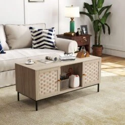 Veneer Weaving Coffee Table: 4-Sliding Doors, Rectangular Wooden Storage Cabinet In Natural 14 Veneer Weaving Coffee Table: 4-Sliding Doors, Rectangular Wooden Storage Cabinet In Natural -FURITURE SALE SHOP natural tahanbath pantry organizers z w1778139246 c3 1000
