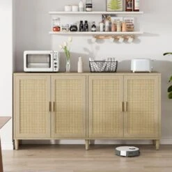 70in.Rattan Buffet Cabinet: 4-Doors, Adjustable Shelves (Easy Assembly) In Natural -FURITURE SALE SHOP natural tahanbath pantry organizers z w757127559 4f 1000