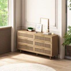 59.06 In. 6-Drawers Rattan Storage Cabinet Rattan Drawer, For Bedroom, Living Room, Natural