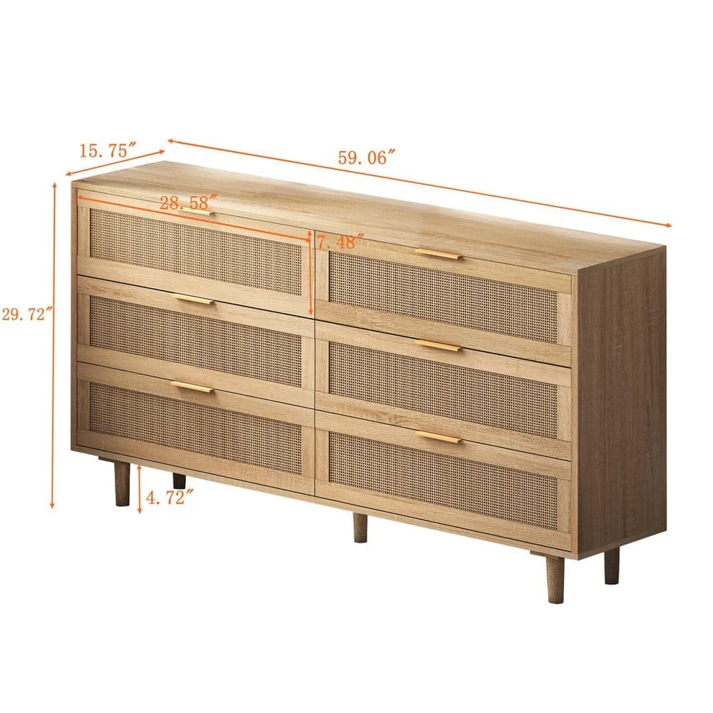 59.06 In. 6-Drawers Rattan Storage Cabinet Rattan Drawer, For Bedroom, Living Room, Natural 8 59.06 In. 6-Drawers Rattan Storage Cabinet Rattan Drawer, For Bedroom, Living Room, Natural - Image 8