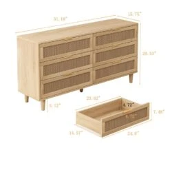 51.18 In. 6-Drawers Rattan Storage Cabinet Rattan Drawer With White Drawer Slides, For Bedroom, Living Room, Natural -FURITURE SALE SHOP natural tahanbath pantry organizers z w757p162760 4f 1000