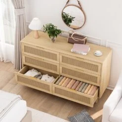 51.18 In. 6-Drawers Rattan Storage Cabinet Rattan Drawer With White Drawer Slides, For Bedroom, Living Room, Natural