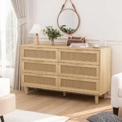 51.18 In. 6-Drawers Rattan Storage Cabinet Rattan Drawer With White Drawer Slides, For Bedroom, Living Room, Natural -FURITURE SALE SHOP natural tahanbath pantry organizers z w757p162760 76 1000