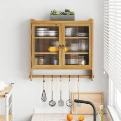 Vintage Glass Door Wall Cabinet With Storage & Towel Rack In Natural -FURITURE SALE SHOP natural tahanbath pantry organizers z w757p170145 76 1000