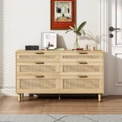 Natural Rattan 6-Drawer Dresser-Versatile Storage For Home