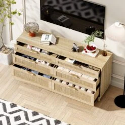 6-Drawer Rattan Dresser With Metal Handles & Wood Legs For Versatile Storage In Natural 11 6-Drawer Rattan Dresser With Metal Handles & Wood Legs For Versatile Storage In Natural -FURITURE SALE SHOP natural tahanbath pantry organizers z w757p209511 44 1000