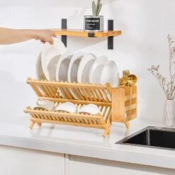 2 Tier Natural Bamboo Standing Foldable Dish Rack With Utensil Holder For Small Spaces -FURITURE SALE SHOP natural wood tahanbath dish racks ct cl x39mpy 31 1000