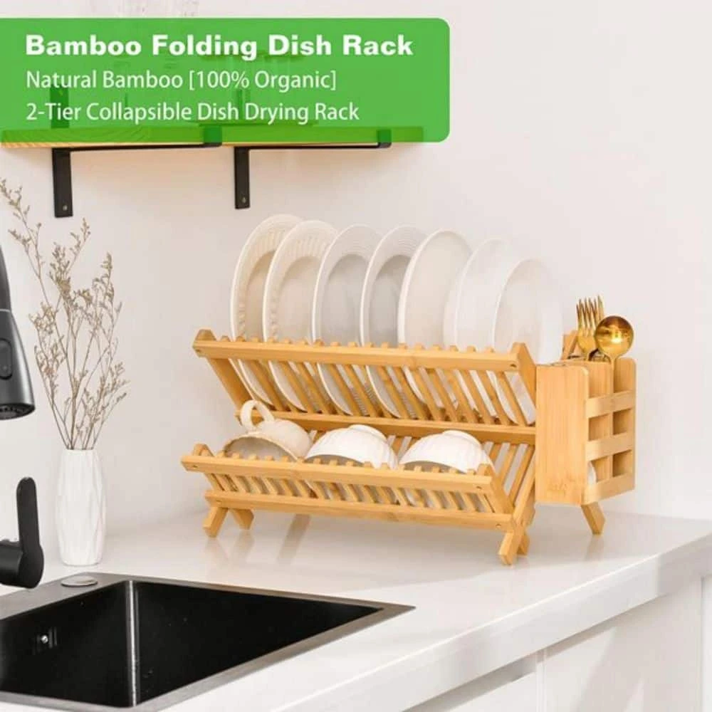 2-Tier Natural Wood Standing Dish Rack With Utensil Holder For Kitchen 3 2-Tier Natural Wood Standing Dish Rack With Utensil Holder For Kitchen - Image 3