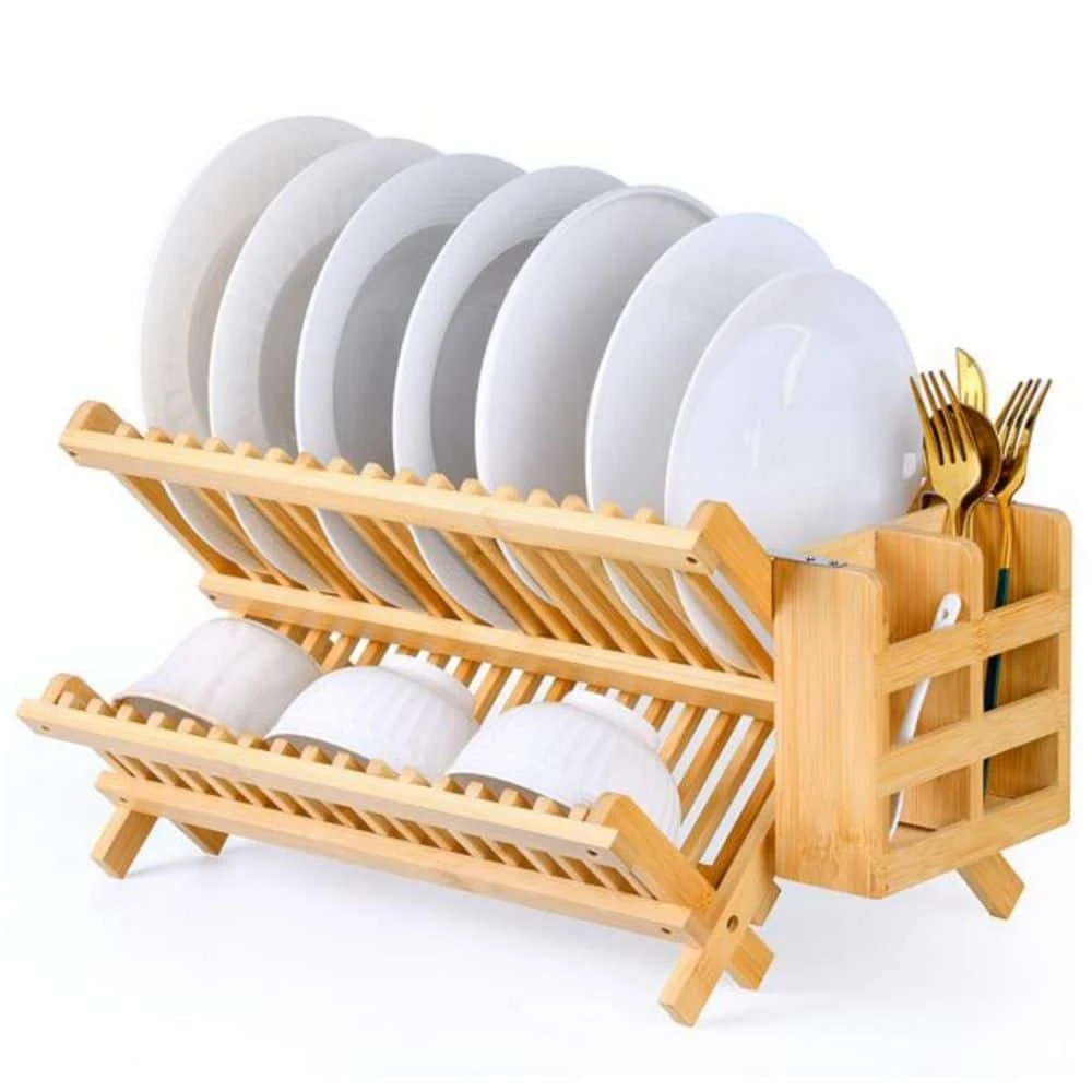 2-Tier Natural Wood Standing Dish Rack With Utensil Holder For Kitchen 7 2-Tier Natural Wood Standing Dish Rack With Utensil Holder For Kitchen - Image 7