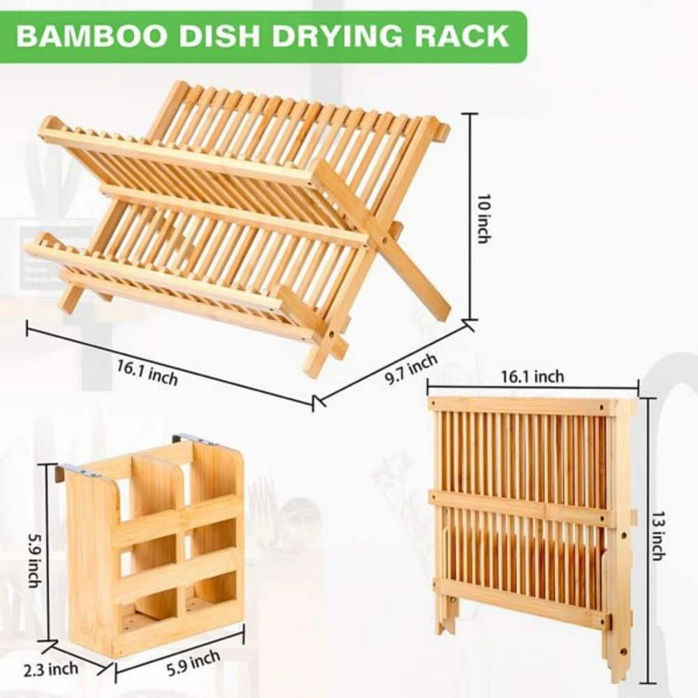 2-Tier Natural Wood Standing Dish Rack With Utensil Holder For Kitchen 2 2-Tier Natural Wood Standing Dish Rack With Utensil Holder For Kitchen - Image 2