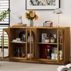 4-Door Large Storage Buffet: Glass Doors, Arched Design In Natural Wood -FURITURE SALE SHOP natural wood tahanbath pantry organizers z w2729p199005 31 1000