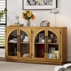 4-Door Large Storage Buffet: Glass Doors, Arched Design In Natural Wood -FURITURE SALE SHOP natural wood tahanbath pantry organizers z w2729p199005 76 1000