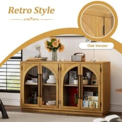 4-Door Large Storage Buffet: Glass Doors, Arched Design In Natural Wood -FURITURE SALE SHOP natural wood tahanbath pantry organizers z w2729p199005 fa 1000