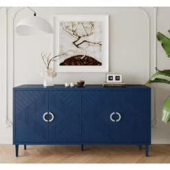 Stylish And Functional 4-Door Storage Cabinet With Pine Legs And MDF, For Living Room Bedroom, And Kitchen, Navy Blue