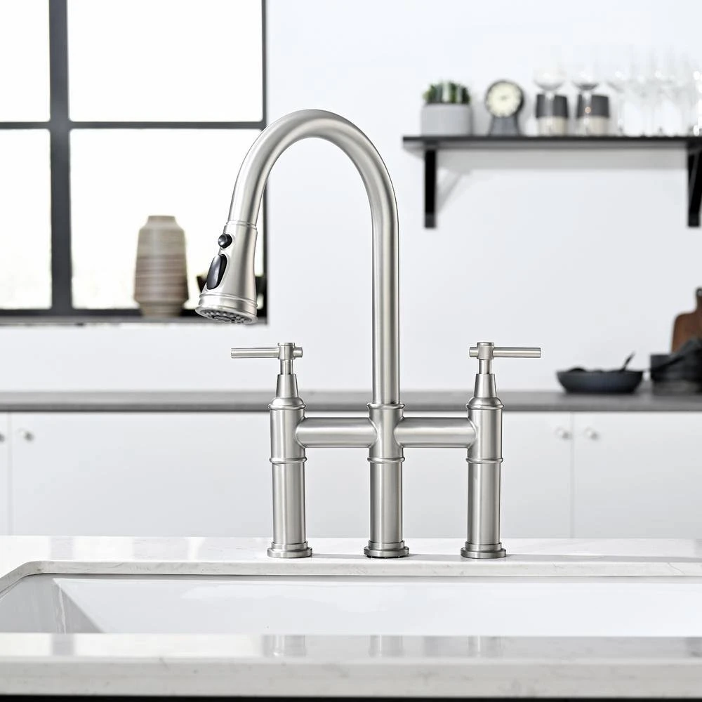 Double Handle Bridge Kitchen Faucet In Nickel 4 Double Handle Bridge Kitchen Faucet In Nickel - Image 4