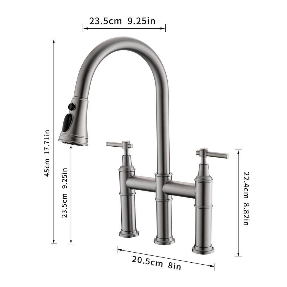 Double Handle Bridge Kitchen Faucet In Nickel 2 Double Handle Bridge Kitchen Faucet In Nickel - Image 2