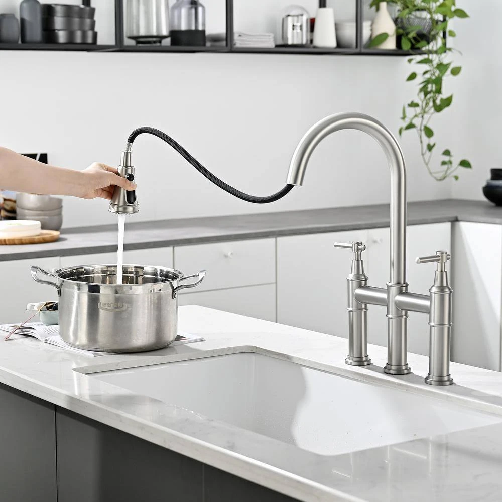 Double Handle Bridge Kitchen Faucet In Nickel 6 Double Handle Bridge Kitchen Faucet In Nickel - Image 6