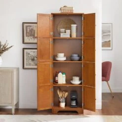72.4 In. Tall Oak Storage Cabinet: 8 Doors, 4 Shelves For Living Room, Kitchen, Dining Room And Office -FURITURE SALE SHOP oak tahanbath pantry organizers z w1758p211012 1f 1000