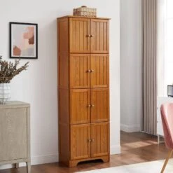 72.4 In. Tall Oak Storage Cabinet: 8 Doors, 4 Shelves For Living Room, Kitchen, Dining Room And Office -FURITURE SALE SHOP oak tahanbath pantry organizers z w1758p211012 4f 1000