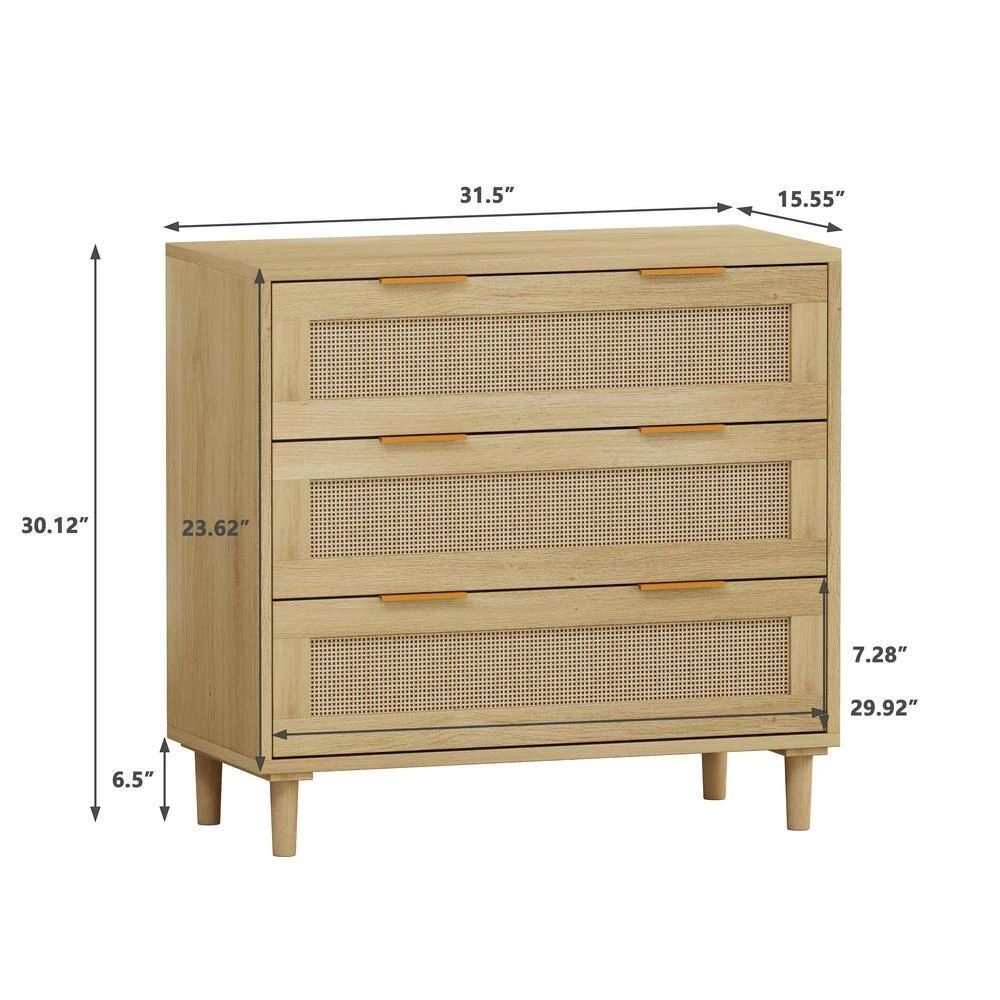 31.50 In. 3-Drawers Rattan Storage Cabinet Rattan Drawer, For Bedroom, Living Room, Dining Room, Hallways, Oak 5 31.50 In. 3-Drawers Rattan Storage Cabinet Rattan Drawer, For Bedroom, Living Room, Dining Room, Hallways, Oak - Image 5