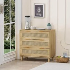 31.50 In. 3-Drawers Rattan Storage Cabinet Rattan Drawer, For Bedroom, Living Room, Dining Room, Hallways, Oak