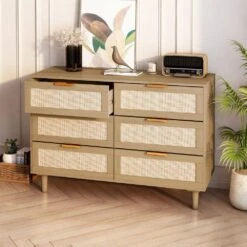 6 Drawers Rattan Dresser Rattan Drawer, Bedroom, Living Room In Oak -FURITURE SALE SHOP oak tahanbath pantry organizers z w75763040 76 1000