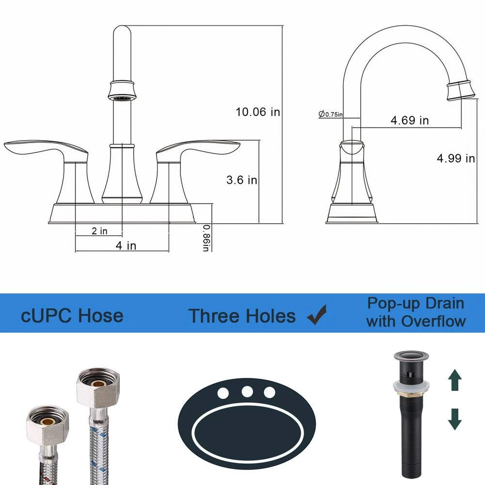 4 In. 2-Handle Bathroom Faucet With Pop-Up Drain And Supply Hoses In Oil Rubbed Bronze 7 4 In. 2-Handle Bathroom Faucet With Pop-Up Drain And Supply Hoses In Oil Rubbed Bronze - Image 7