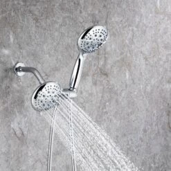Modern 5-Spray Patterns With 2.5 GPM 4.68 In. Wall Mount Dual Shower Heads With 71 In. Shower Hose In Polished Chrome -FURITURE SALE SHOP polished chrome dual shower heads pzz rx96106cp zq 31 1000