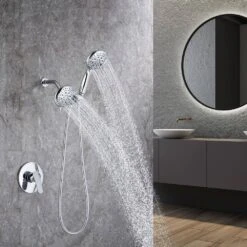 Modern 5-Spray Patterns With 2.5 GPM 4.68 In. Wall Mount Dual Shower Heads With 71 In. Shower Hose In Polished Chrome -FURITURE SALE SHOP polished chrome dual shower heads pzz rx96106cp zq 40 1000