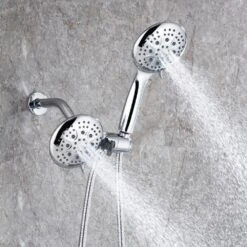 Modern 5-Spray Patterns With 2.5 GPM 4.68 In. Wall Mount Dual Shower Heads With 71 In. Shower Hose In Polished Chrome -FURITURE SALE SHOP polished chrome dual shower heads pzz rx96106cp zq 66 1000