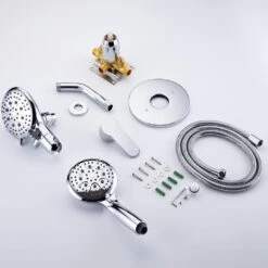 Modern 5-Spray Patterns With 2.5 GPM 4.68 In. Wall Mount Dual Shower Heads With 71 In. Shower Hose In Polished Chrome -FURITURE SALE SHOP polished chrome dual shower heads pzz rx96106cp zq 76 1000