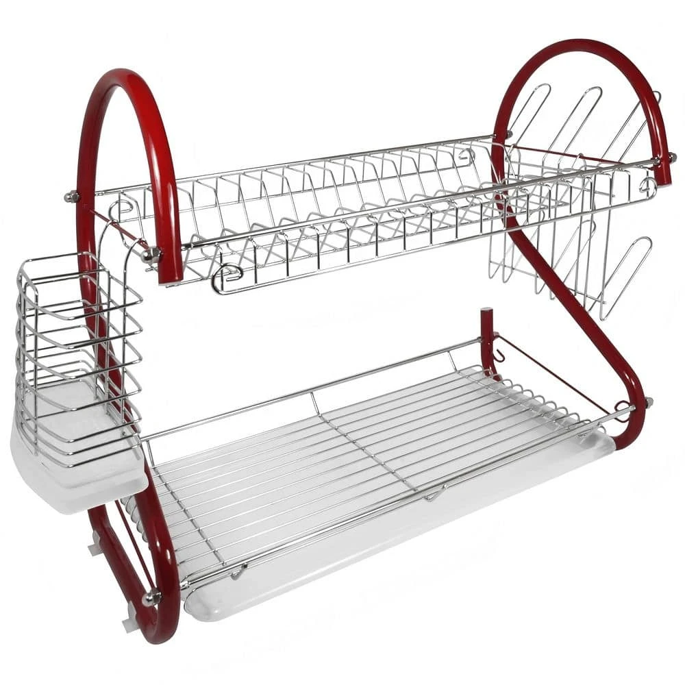 2-Tier Colored-Chrome Standing Dish Rack With Plastic Draining Tray, Mug Stand, And Cup Holder 2 2-Tier Colored-Chrome Standing Dish Rack With Plastic Draining Tray, Mug Stand, And Cup Holder - Image 2
