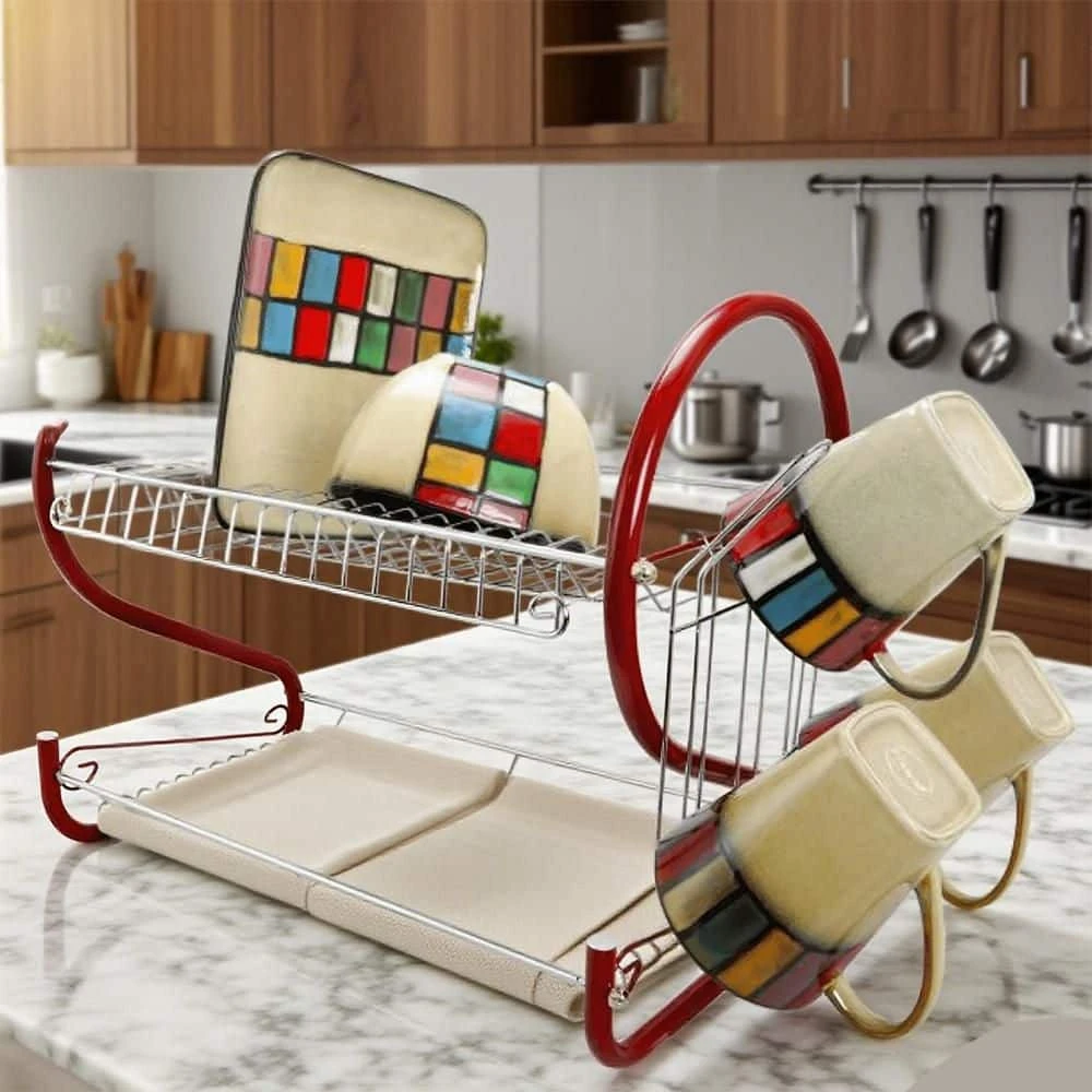 2-Tier Colored-Chrome Standing Dish Rack With Plastic Draining Tray, Mug Stand, And Cup Holder 1 2-Tier Colored-Chrome Standing Dish Rack With Plastic Draining Tray, Mug Stand, And Cup Holder