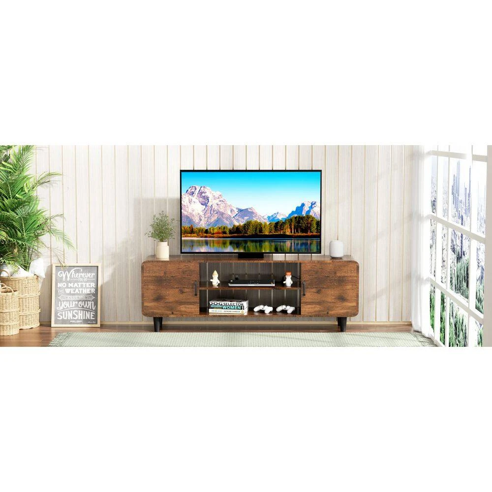 55-Inch TV Stand In Rustic Brown: Media Console Table With Storage Cabinets And Soft-Hinge Handles For Home Use 5 55-Inch TV Stand In Rustic Brown: Media Console Table With Storage Cabinets And Soft-Hinge Handles For Home Use - Image 5