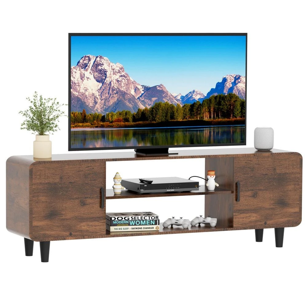 55-Inch TV Stand In Rustic Brown: Media Console Table With Storage Cabinets And Soft-Hinge Handles For Home Use 1 55-Inch TV Stand In Rustic Brown: Media Console Table With Storage Cabinets And Soft-Hinge Handles For Home Use