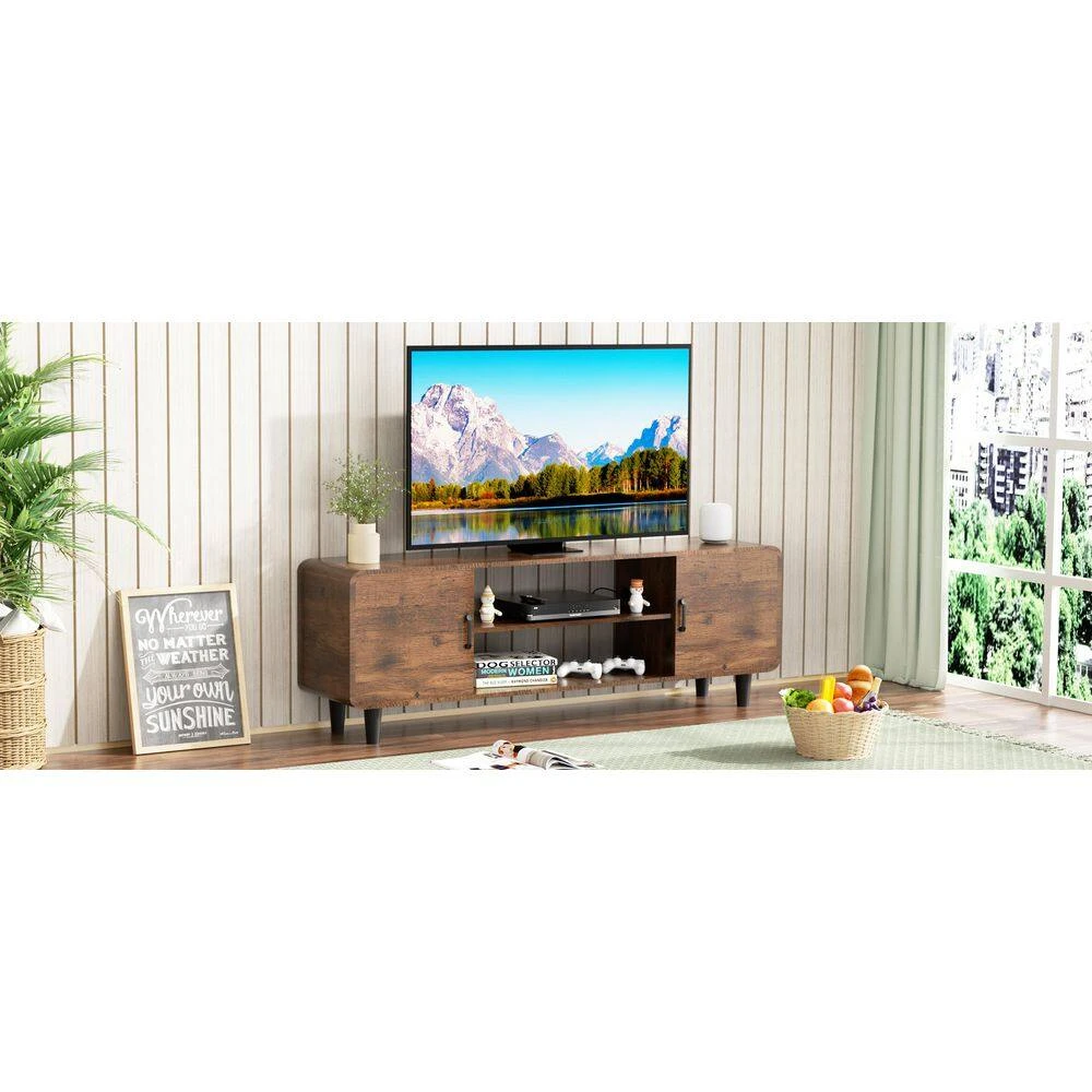 55-Inch TV Stand In Rustic Brown: Media Console Table With Storage Cabinets And Soft-Hinge Handles For Home Use 7 55-Inch TV Stand In Rustic Brown: Media Console Table With Storage Cabinets And Soft-Hinge Handles For Home Use - Image 7