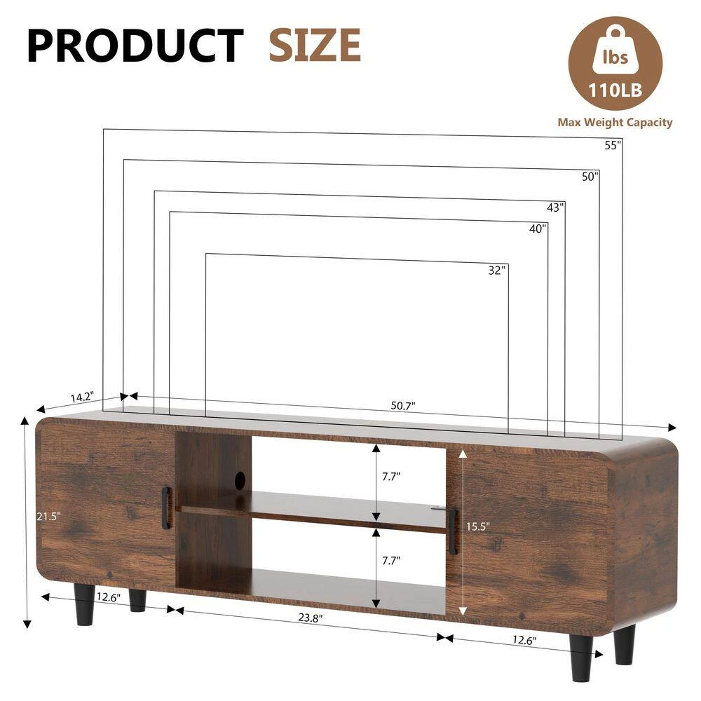 55-Inch TV Stand In Rustic Brown: Media Console Table With Storage Cabinets And Soft-Hinge Handles For Home Use 2 55-Inch TV Stand In Rustic Brown: Media Console Table With Storage Cabinets And Soft-Hinge Handles For Home Use - Image 2