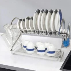 2 Tier Chrome S-Shaped Dish Rack With Side-Mounting Mug Stand And Cutlery Holder -FURITURE SALE SHOP silver tahanbath dish racks ct cl ha6fhj 31 1000