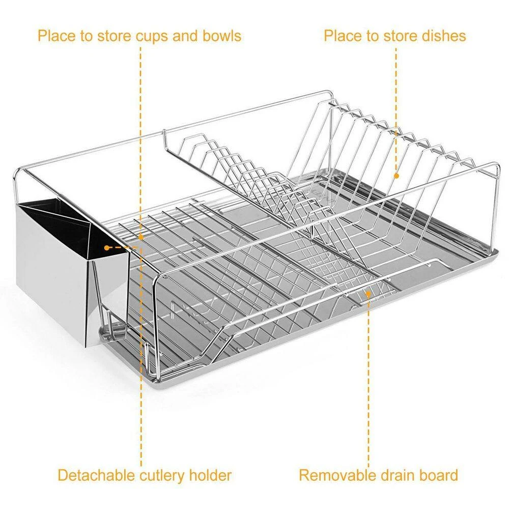 Dish Drying Rack Stainless Steel Dish Rack W/ Drainboard Cutlery Holder Kitchen Dish Organizer 3 Dish Drying Rack Stainless Steel Dish Rack W/ Drainboard Cutlery Holder Kitchen Dish Organizer - Image 3